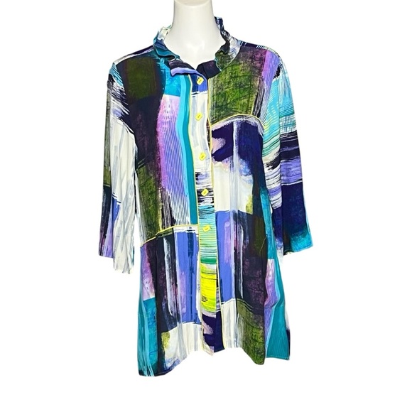 IC BY CONNIE K COLLECTION Colorful A-Line Button Up Shirt Swing Top Size Large - Picture 1 of 11